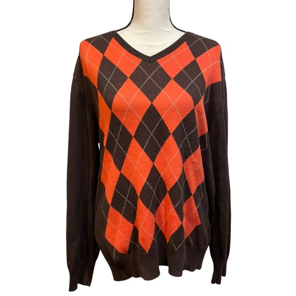 Vintage Other - Max Orange V-Neck Argyle Lightweight Orange Brown Sweater